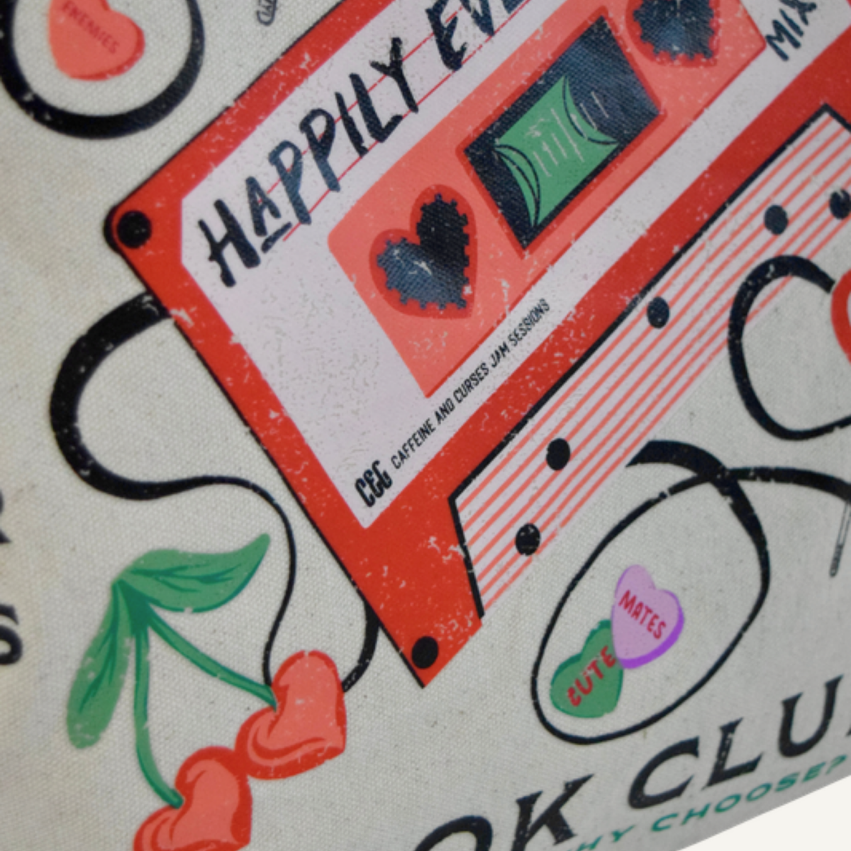 Romance Book Club Tote Bag print close-up — Caffeine and Curses
