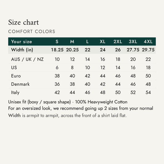 Size chart — Comfort Colors 1717 garment-dyed tee. S to 4XL: garment width in inches, then AUS, UK, NZ, US, Euro, Denmark and Italy sizes.