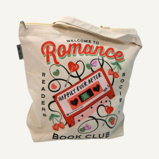 Romance Book Club Tote — bookish merch by Caffeine and Curses. Carry the romance reader society colors. Hand-designed in Australia.
