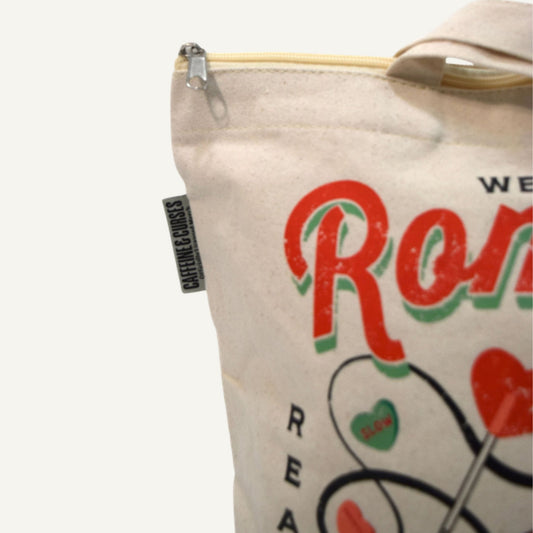 Romance Book Club Tote Bag zip and label detail — Caffeine and Curses
