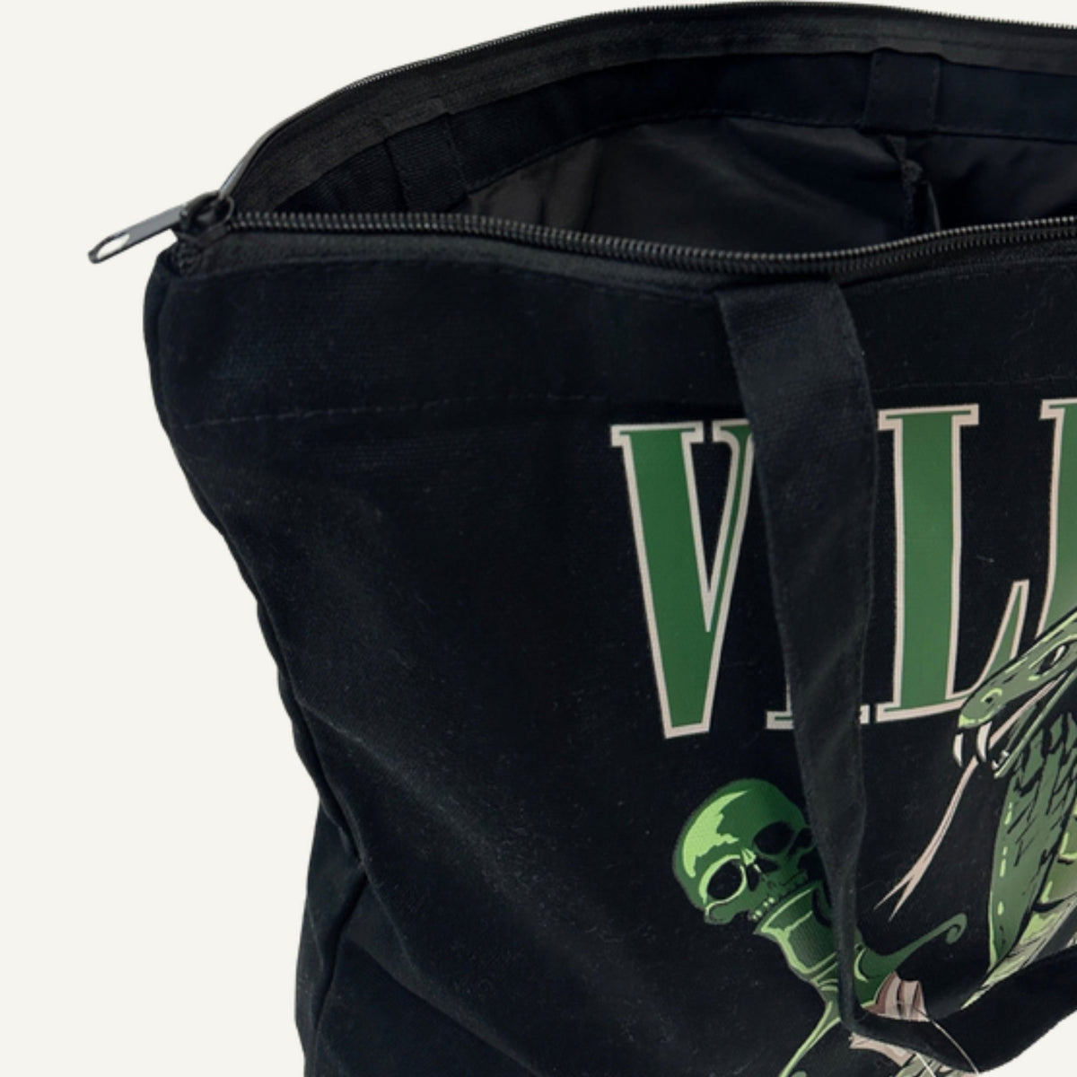 Villain Tote Bag zip top detail — Caffeine and Curses