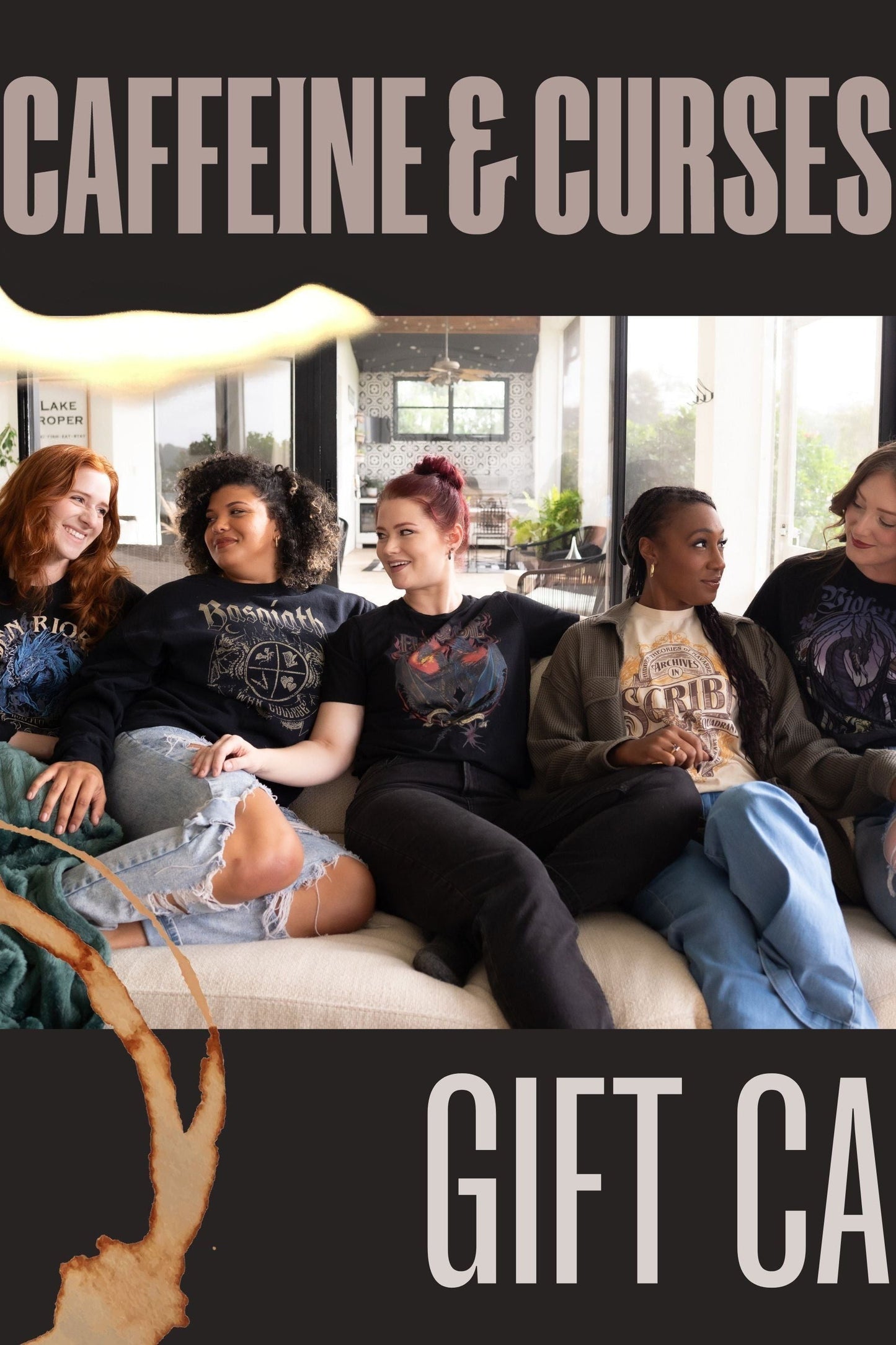 Caffeine and Curses gift card graphic with five friends sitting on a couch in bookish graphic tees, framed by a coffee-stain mark on charcoal