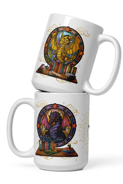 Stacked white ceramic 15 oz mugs featuring illustrated dragon designs, books, and glowing stained-glass backgrounds. Inspired by Fourth Wing dragons Tairn and Andarna.