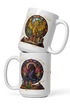 Stacked white ceramic 15 oz mugs featuring illustrated dragon designs, books, and glowing stained-glass backgrounds.  Inspired by Fourth Wing dragons Tairn and Andarna.