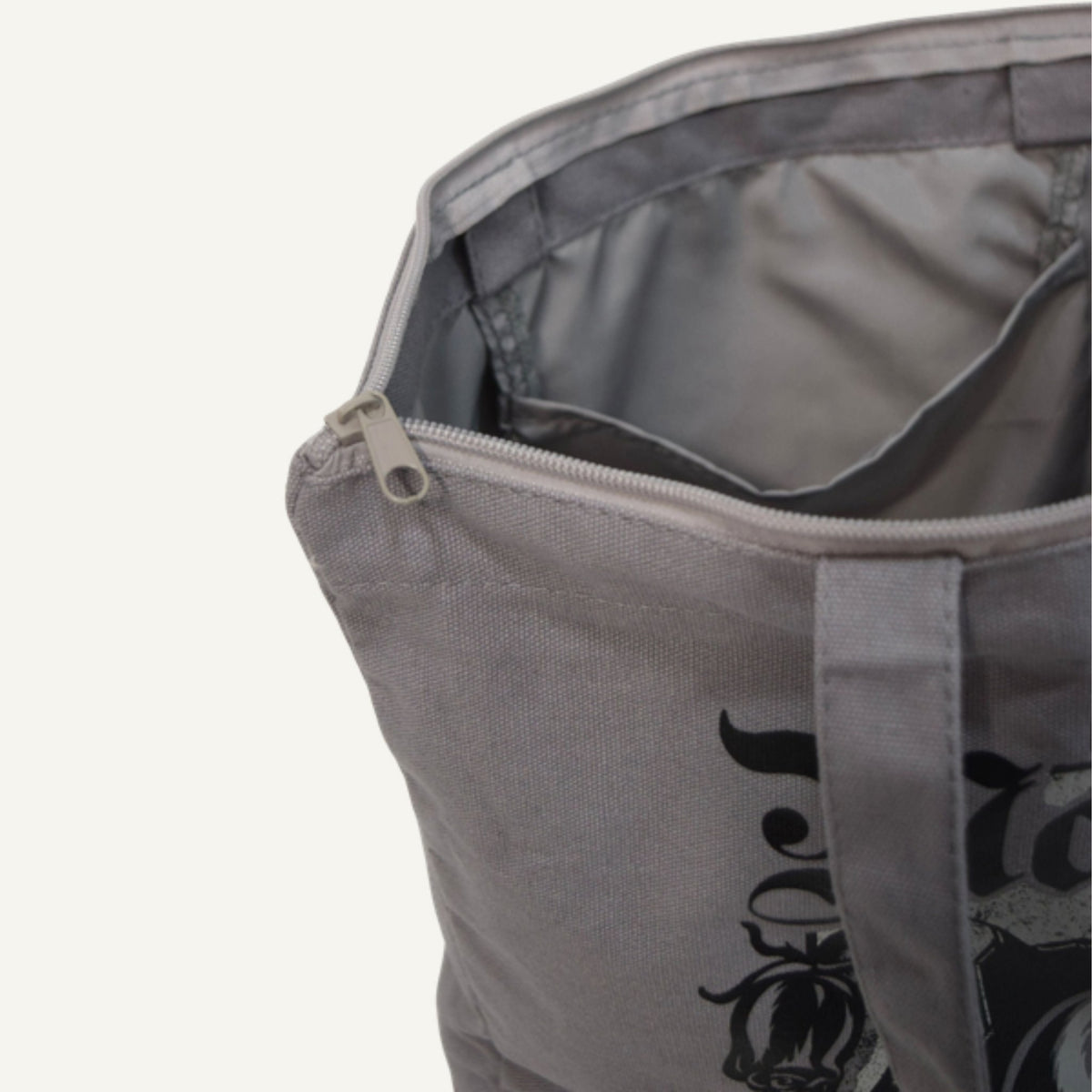 Morally Grey Tote Bag zip top and inner pocket — Caffeine and Curses