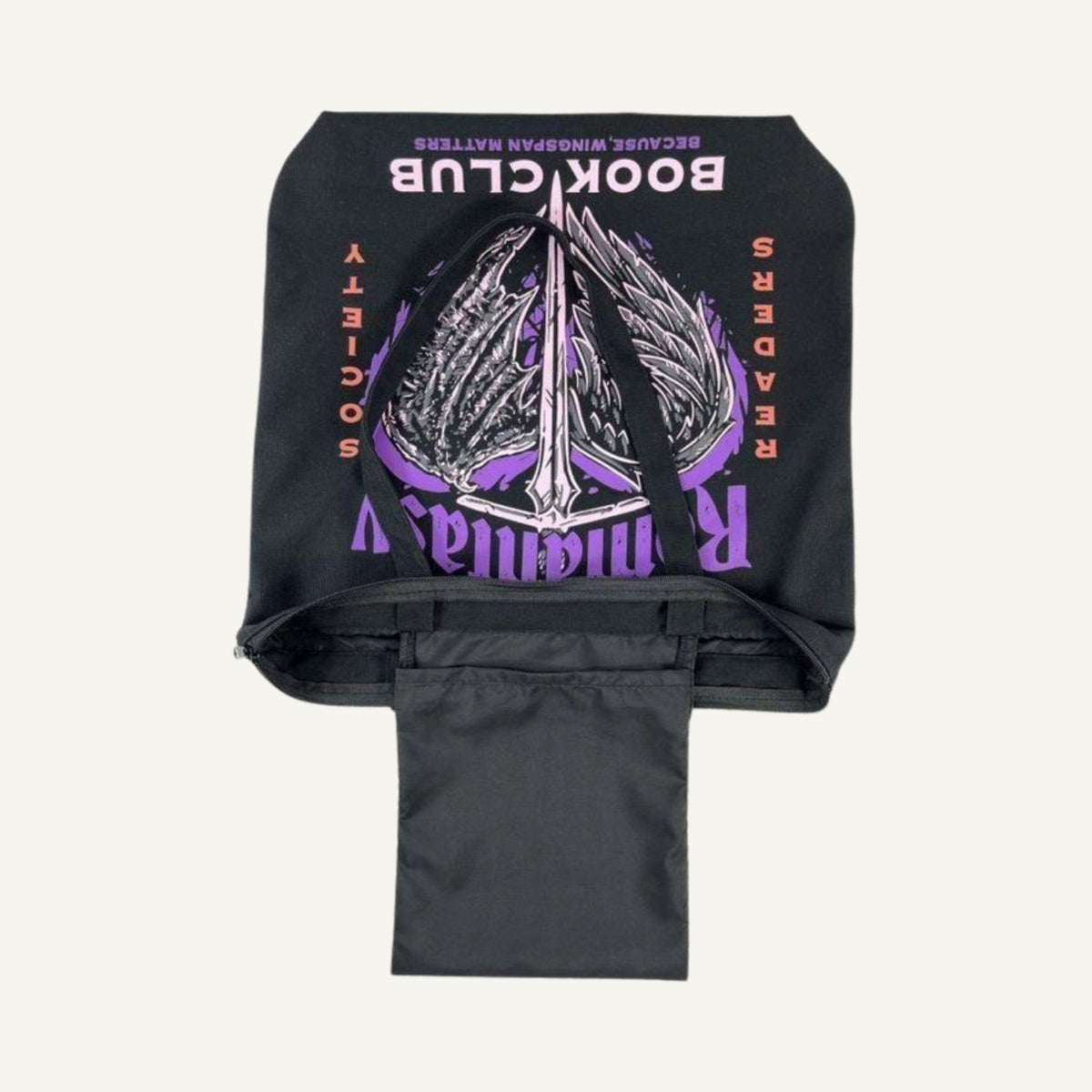 Romantasy Book Club Tote Bag open with inner pocket — Caffeine and Curses