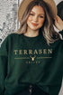 Dark green Terrasen sweatshirt with gold minimalist text and stag emblem, inspired by Sarah J Maas’s Throne of Glass kingdom of Erilea