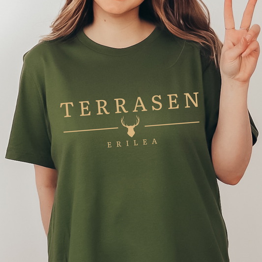 Model wearing the olive Terrasen t-shirt — Throne of Glass merch inspired by Sarah J. Maas