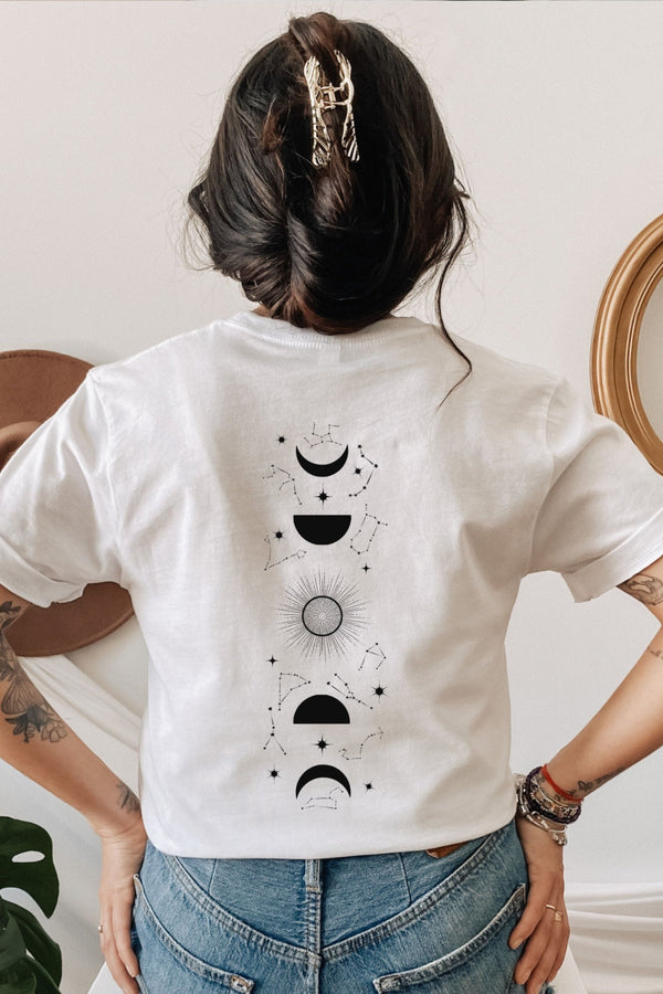 Back view of white t-shirt featuring Feyre’s tattoo design from A Court of Thorns and Roses by Sarah J. Maas, with crescent moon and symbolic markings.