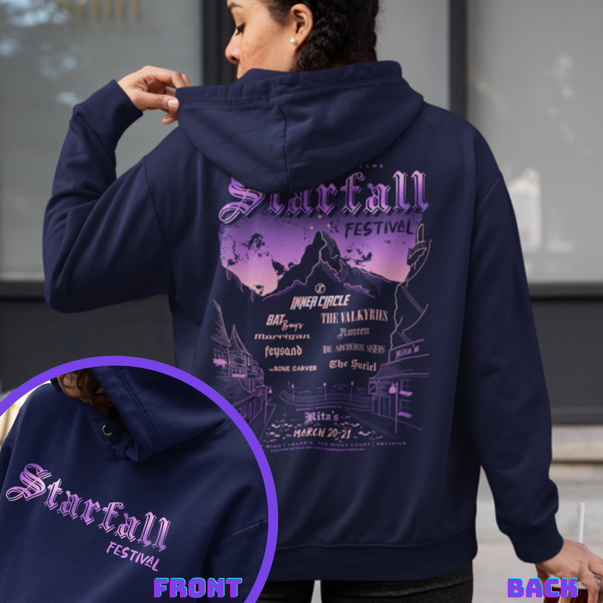 Navy Starfall Festival hoodie — Court of Dreams line-up print on the back with the Starfall Festival logo on the front, ACOTAR merch inspired by Sarah J. Maas