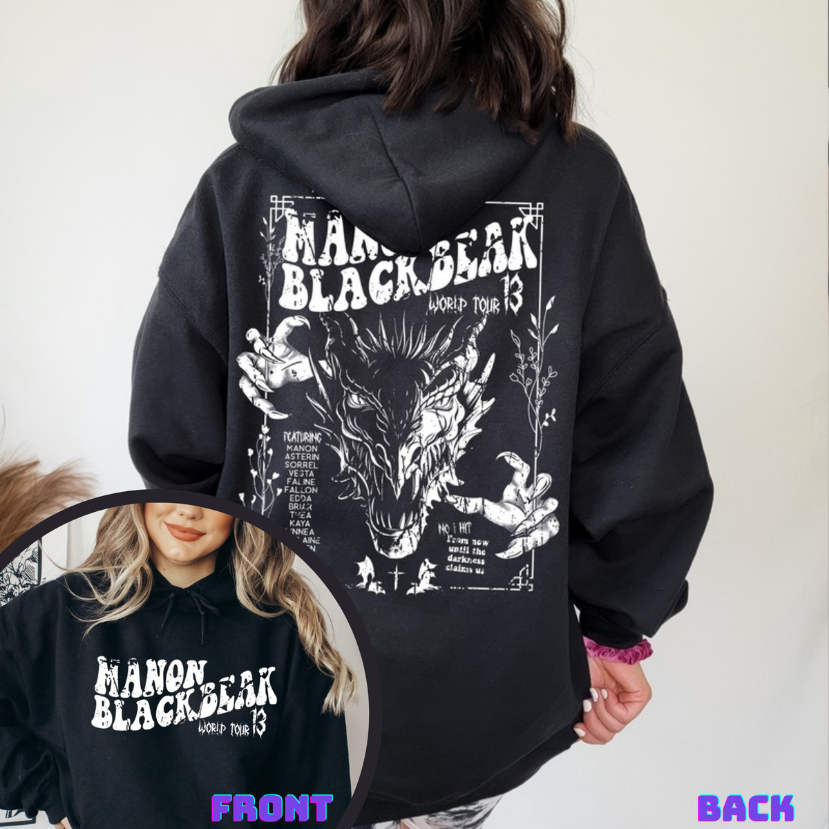 Black Manon Blackbeak hoodie, front and back: World Tour 13 wyvern print on the back and the Manon Blackbeak logo on the front, Throne of Glass merch inspired by Sarah J. Maas