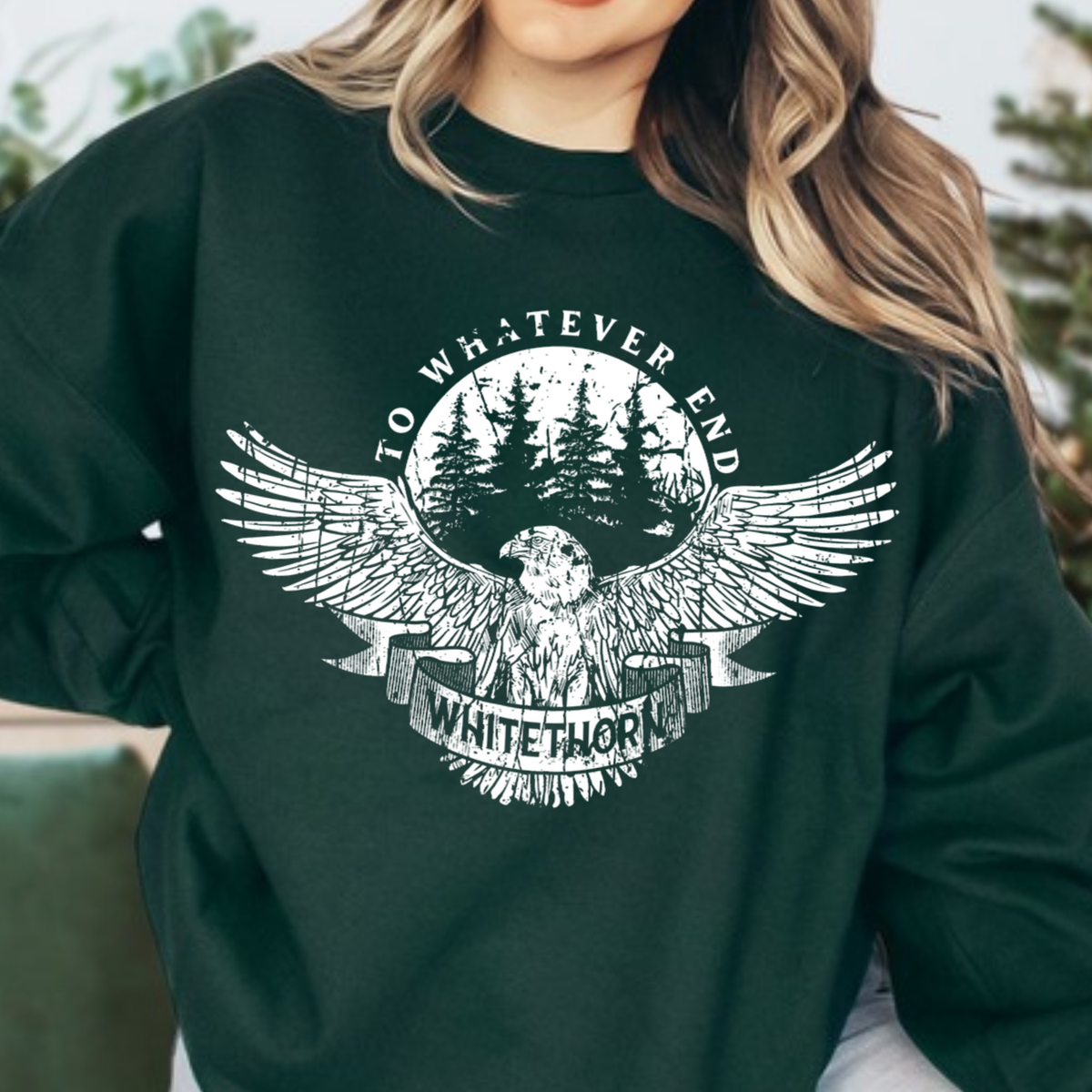 Forest green Rowan Whitethorn sweatshirt with the To Whatever End hawk print, Throne of Glass merch inspired by Sarah J. Maas