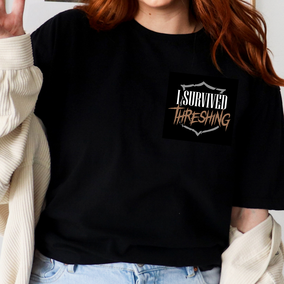 I Survived Threshing t-shirt, black tee with the I Survived Threshing crest printed on the front pocket, Fourth Wing