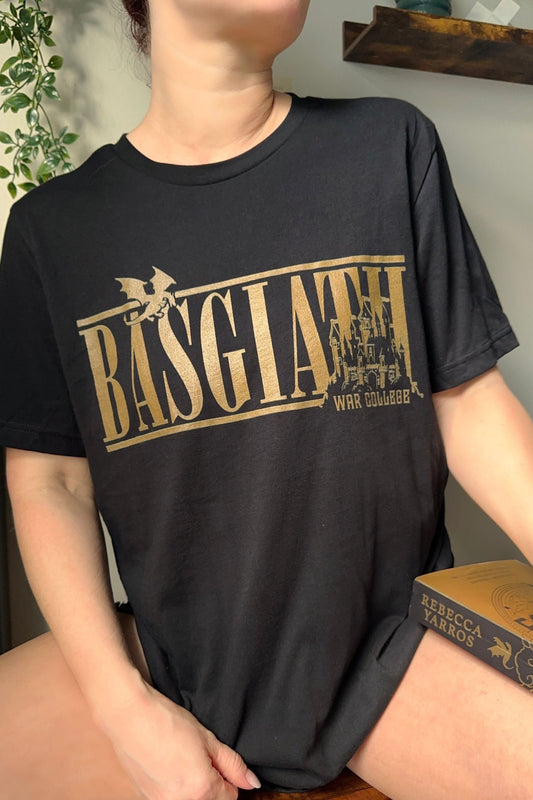 Basgiath Location T-Shirt — Fourth Wing merch by Rebecca Yarros. The fortress city stitched in. Hand-designed in Australia, officially licensed.