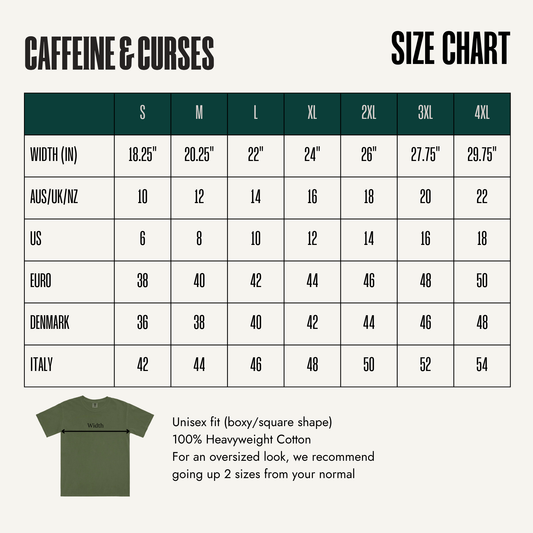 Size chart — Comfort Colors unisex tee. S to 4XL with AUS, UK, NZ, US, Euro, Denmark and Italy conversions, and garment width in inches.