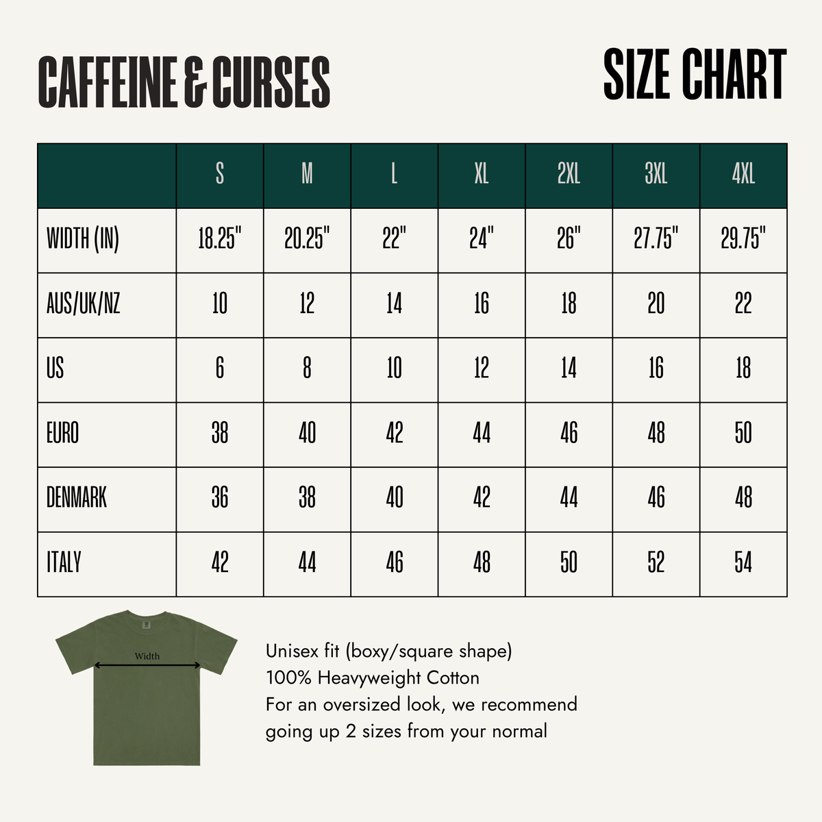 Size chart — Comfort Colors unisex tee. S to 4XL with AUS, UK, NZ, US, Euro, Denmark and Italy conversions, and garment width in inches.