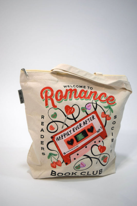 Romance Book Club Tote — bookish merch by Caffeine and Curses. Carry the romance reader society colors. Hand-designed in Australia.