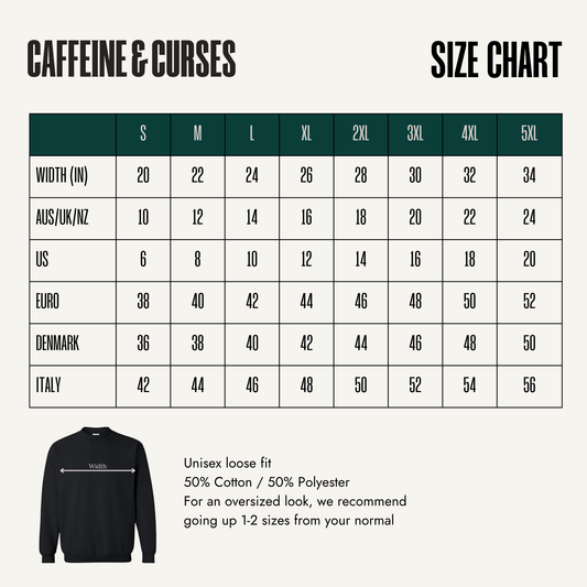 Size chart — Gildan unisex fleece. S to 5XL with AUS, UK, NZ, US, Euro, Denmark and Italy conversions, and garment width in inches.