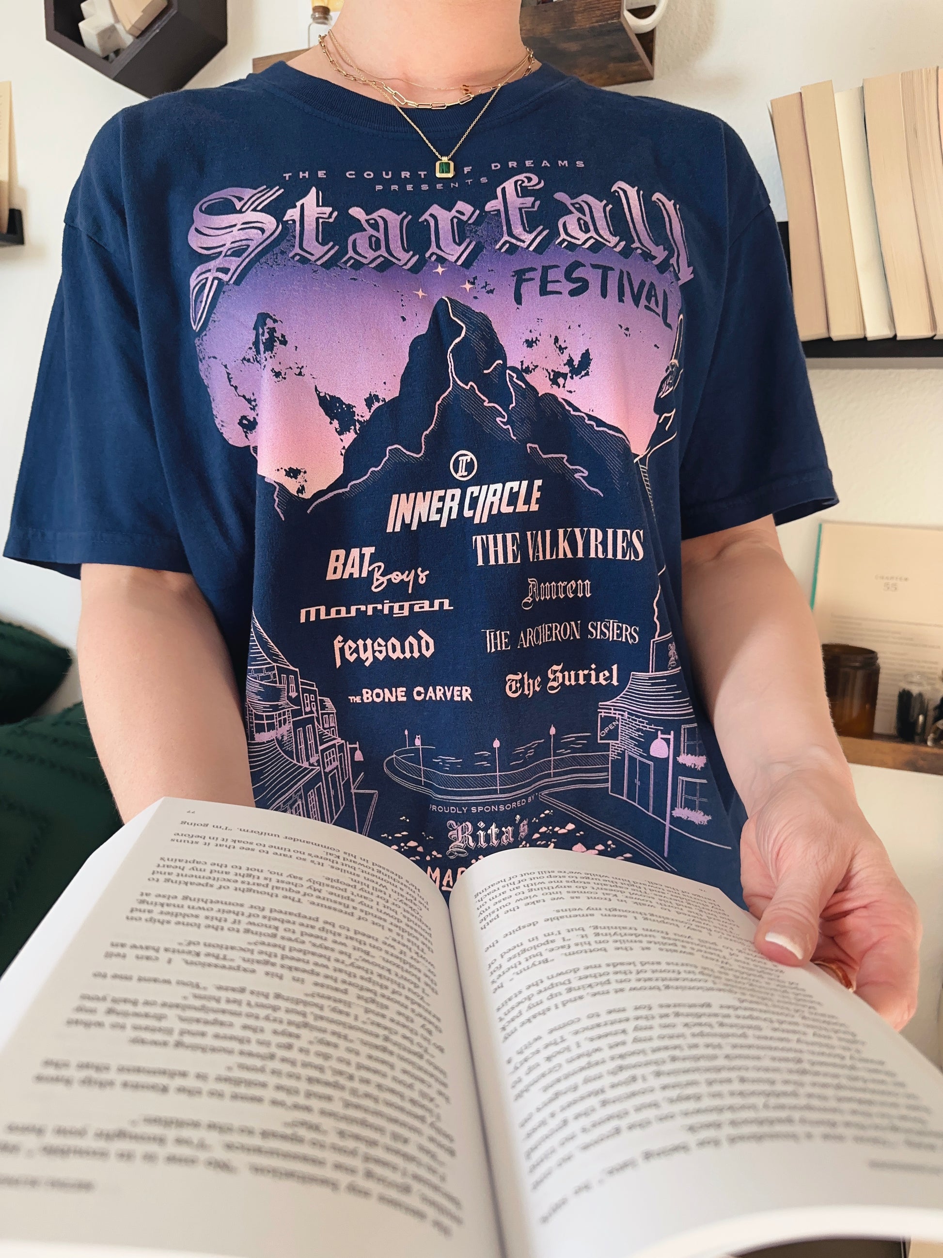 Starfall T-Shirt — ACOTAR merch by Sarah J. Maas. The Night Court festival where the world goes to dust and starlight. Hand-designed in Australia, officially licensed.