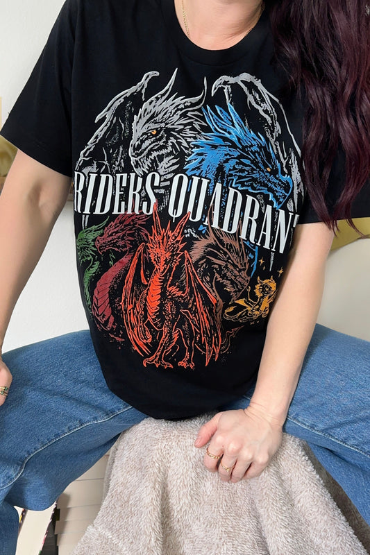 Riders Quadrant T-Shirt (Front Print) — Fourth Wing merch by Rebecca Yarros. I Survived the Threshing — wear the crest. Hand-designed in Australia, officially licensed.