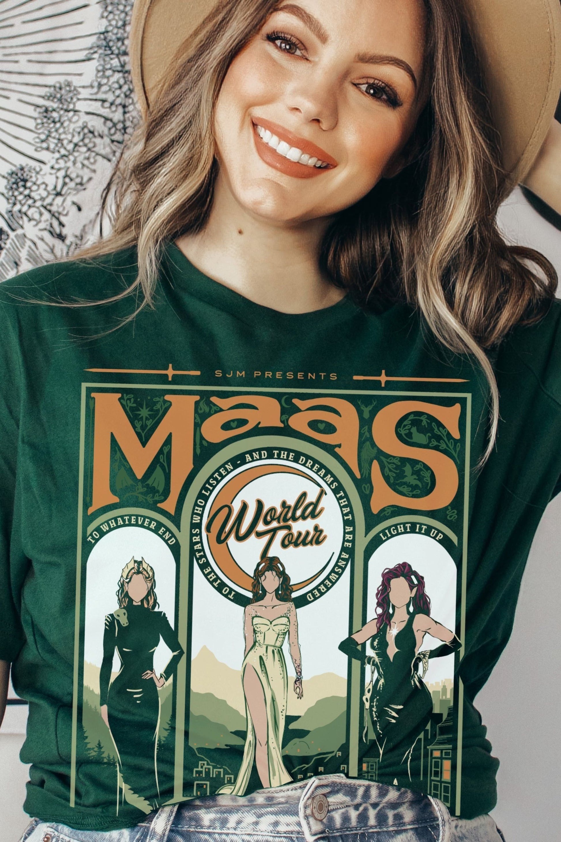 Maasverse T-Shirt — Sarah J. Maas merch. Bryce, Feyre, Aelin — the Maas World Tour. Three series, one queen. Hand-designed in Australia, officially licensed.
