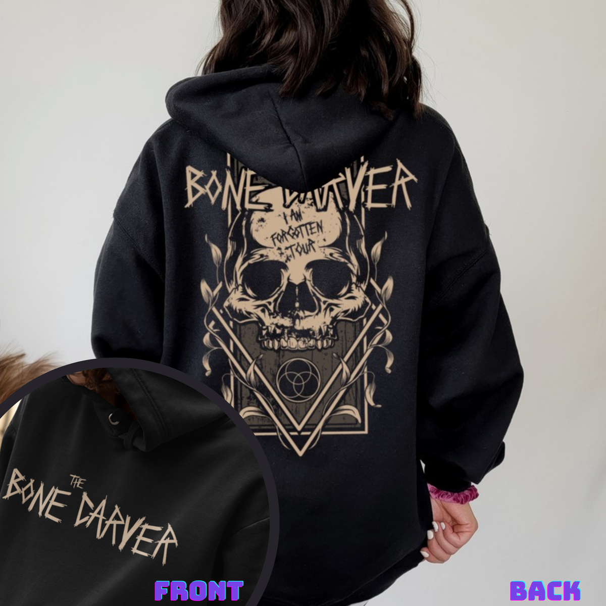 The Bone Carver I Am Forgotten Tour hoodie in black, back print with front chest detail inset, ACOTAR merch inspired by Sarah J. Maas