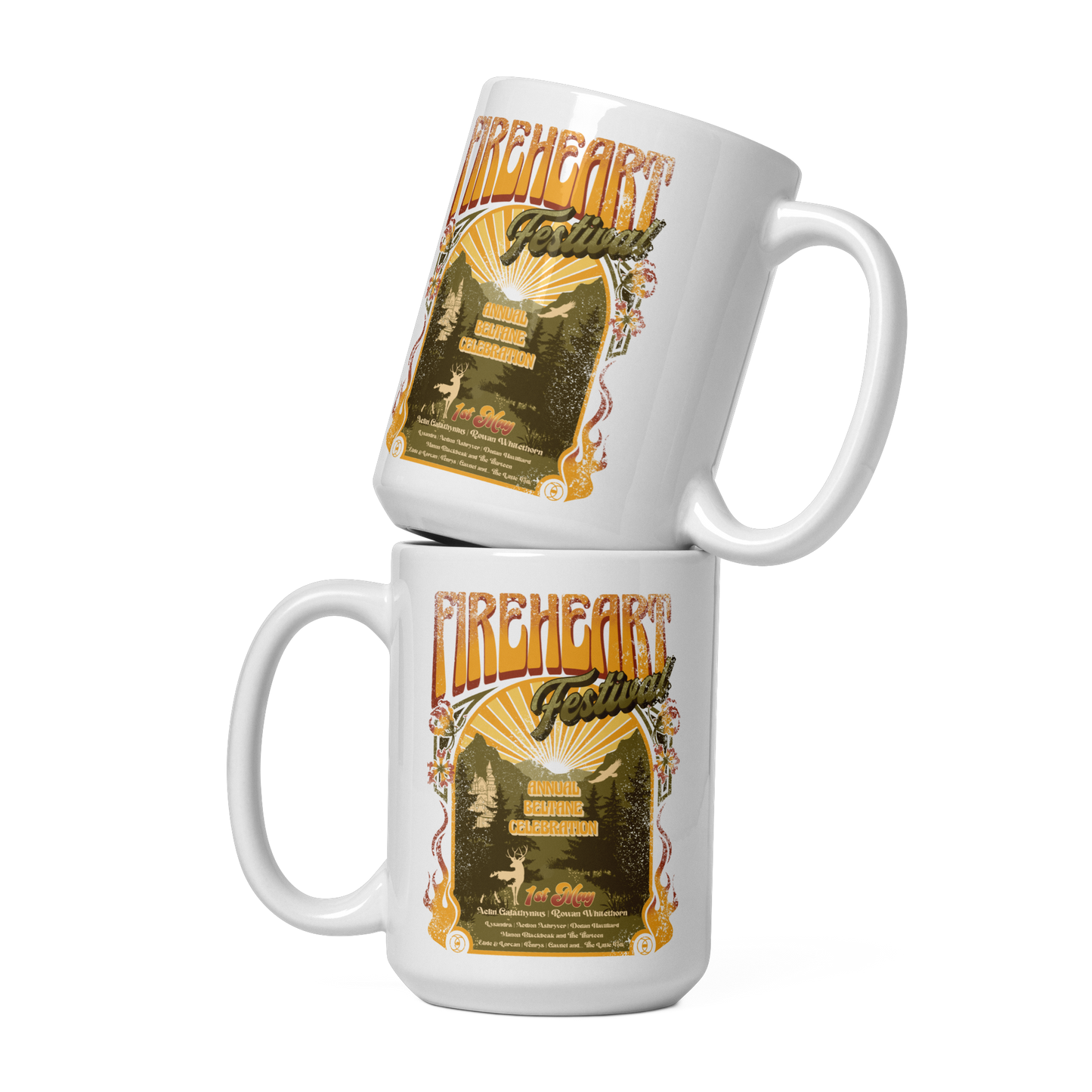 Two white mugs stacked one on the other, printed with the orange and olive Fireheart Festival poster art, inspired by Throne of Glass by Sarah J. Maas