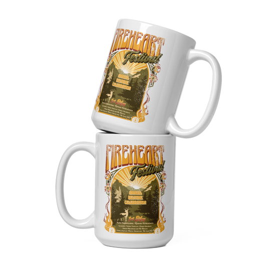 Two white mugs stacked one on the other, printed with the orange and olive Fireheart Festival poster art, inspired by Throne of Glass by Sarah J. Maas