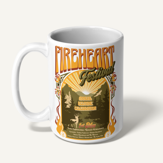 White Fireheart Festival mug, left side — Throne of Glass merch inspired by Sarah J. Maas