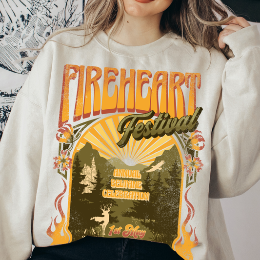 Sand Fireheart Festival sweatshirt with retro Beltane poster print — Throne of Glass merch inspired by Sarah J. Maas