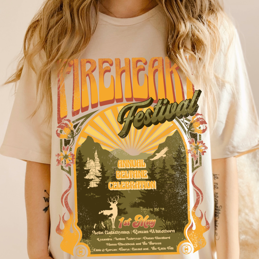 Soft cream Fireheart Festival t-shirt with retro Beltane poster print — Throne of Glass merch inspired by Sarah J. Maas