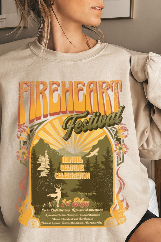 Fireheart Festival Sweatshirt — Throne of Glass merch by Sarah J. Maas. The festival of Aelin and Rowan, the vintage tour print. Hand-designed in Australia, officially licensed.