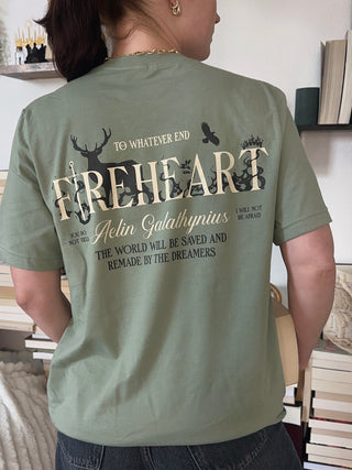 Sage green Fireheart t-shirt with large back print featuring ‘To Whatever End’ quote, antlers, swords, and Aelin Galathynius name from Throne of Glass by Sarah J Maas