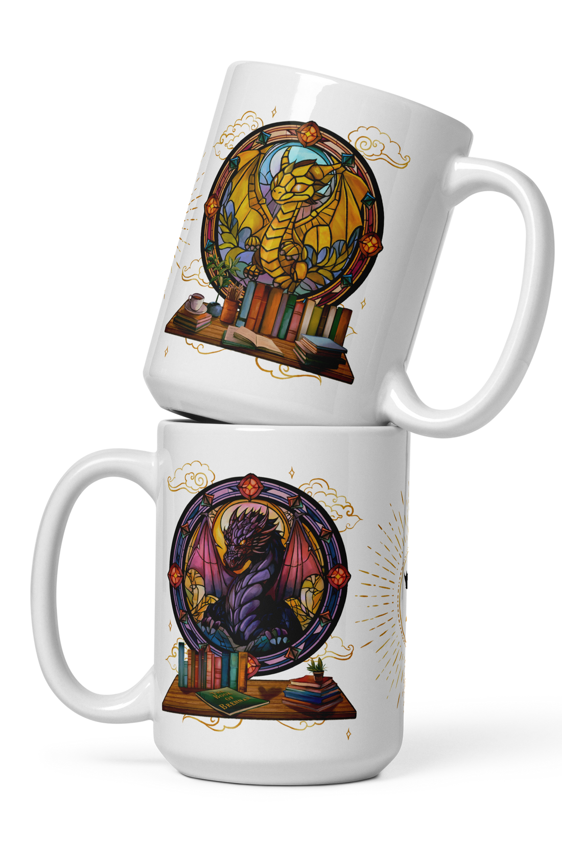 Stacked white ceramic 15 oz mugs featuring illustrated dragon designs, books, and glowing stained-glass backgrounds.  Inspired by Fourth Wing dragons Tairn and Andarna.