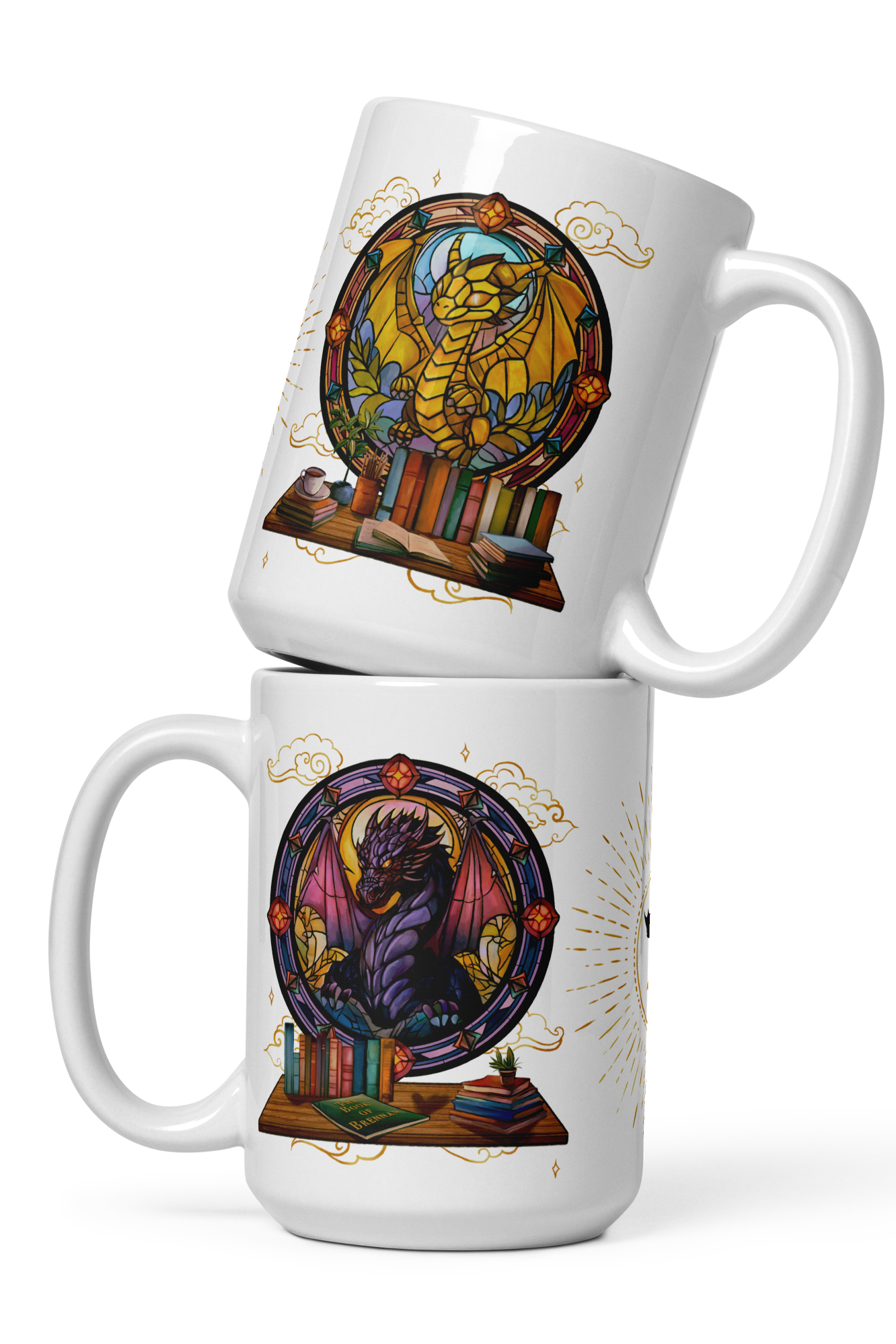Stacked white ceramic 15 oz mugs featuring illustrated dragon designs, books, and glowing stained-glass backgrounds.  Inspired by Fourth Wing dragons Tairn and Andarna.