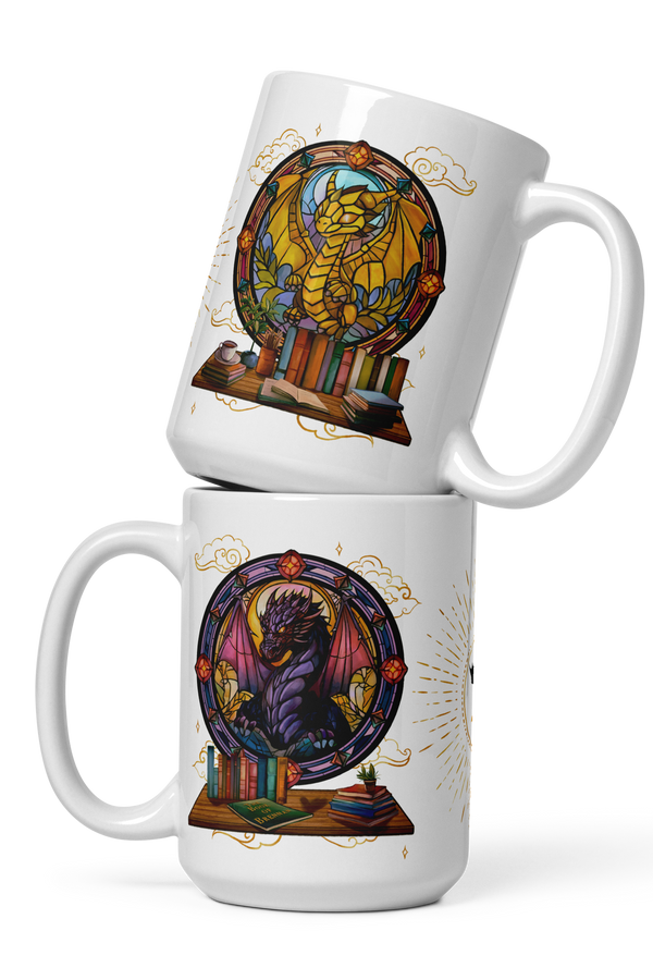 Stacked white ceramic 15 oz mugs featuring illustrated dragon designs, books, and glowing stained-glass backgrounds.  Inspired by Fourth Wing dragons Tairn and Andarna.