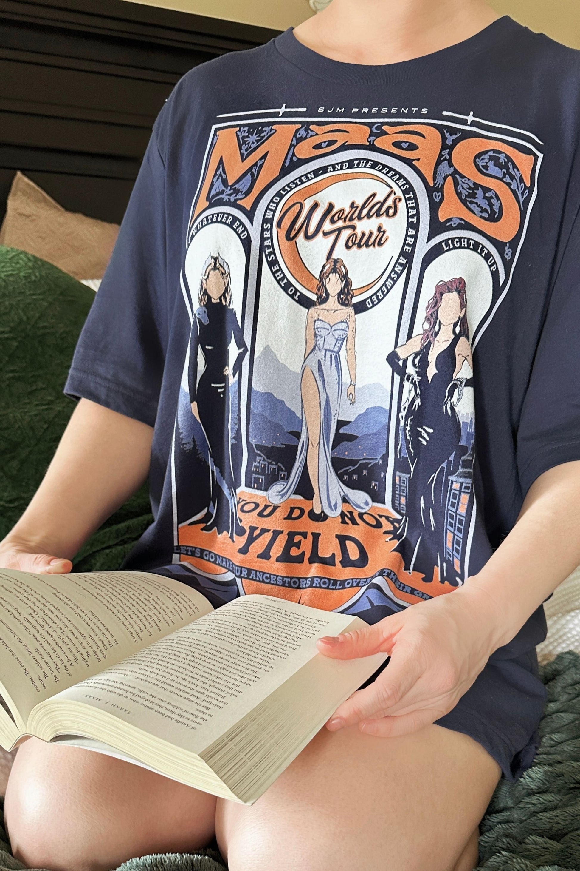 Maasverse T-Shirt — Sarah J. Maas merch. Bryce, Feyre, Aelin — the Maas World Tour. Three series, one queen. Hand-designed in Australia, officially licensed.