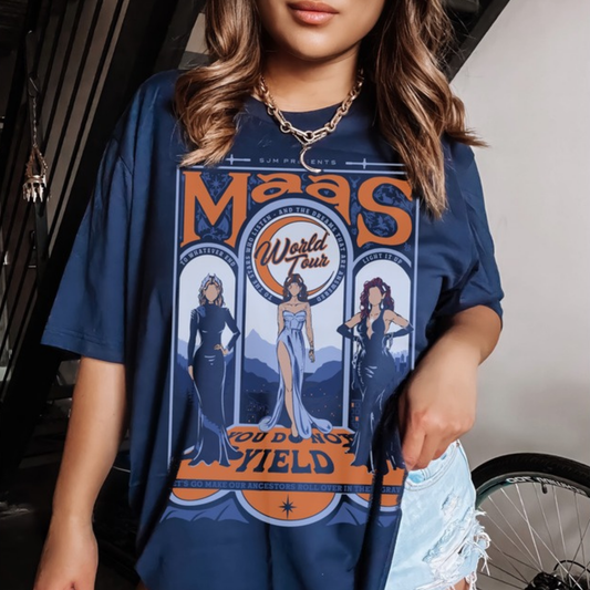 Model in a navy Maasverse SJM Presents Maas World Tour t-shirt with the You Do Not Yield art nouveau poster print, Sarah J. Maas merch, ACOTAR merch inspired by Sarah J. Maas