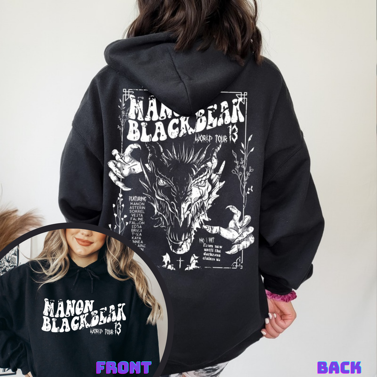 Black Manon Blackbeak hoodie: World Tour 13 wyvern print on the back and the logo on the front, inspired by Throne of Glass by Sarah J. Maas