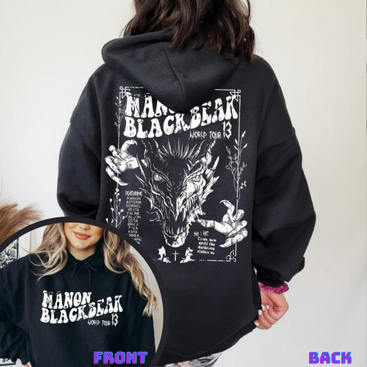 Black Manon Blackbeak hoodie: World Tour 13 wyvern print on the back and the logo on the front, inspired by Throne of Glass by Sarah J. Maas