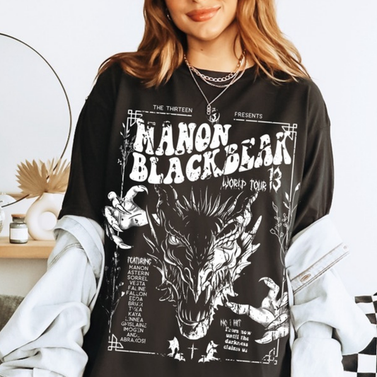 Black Manon Blackbeak World Tour 13 t-shirt with the Thirteen line-up and Abraxos, inspired by Throne of Glass by Sarah J. Maas