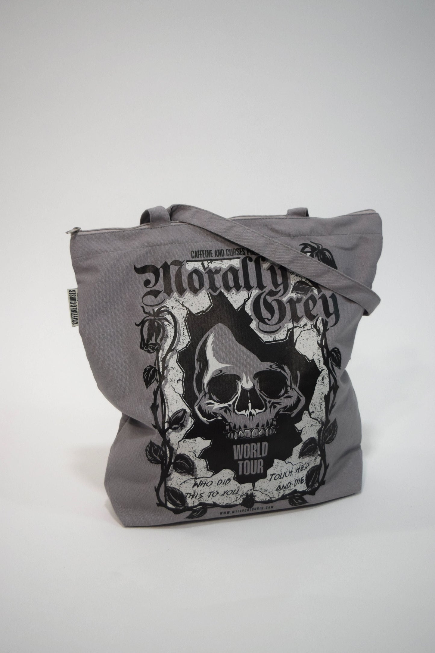 Morally Grey Tote Bag — bookish merch by Caffeine and Curses. Carry the morally grey book boyfriends with you. Hand-designed in Australia.