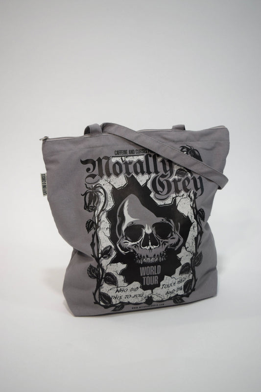 Morally Grey Tote Bag — bookish merch by Caffeine and Curses. Carry the morally grey book boyfriends with you. Hand-designed in Australia.