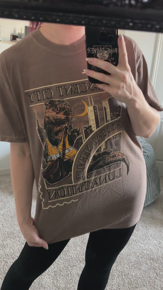 Mirror try-on video: oversized taupe Crescent City Otters t-shirt worn with leggings, the arched gold and dark print with the otters filling the chest [focal 50 35]