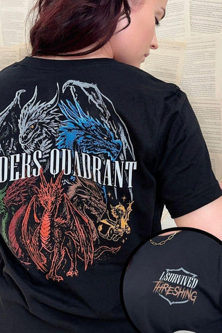 Woman wearing black Fourth Wing T-shirt with Riders Quadrant dragon back print and “I Survived the Threshing” crest detail.