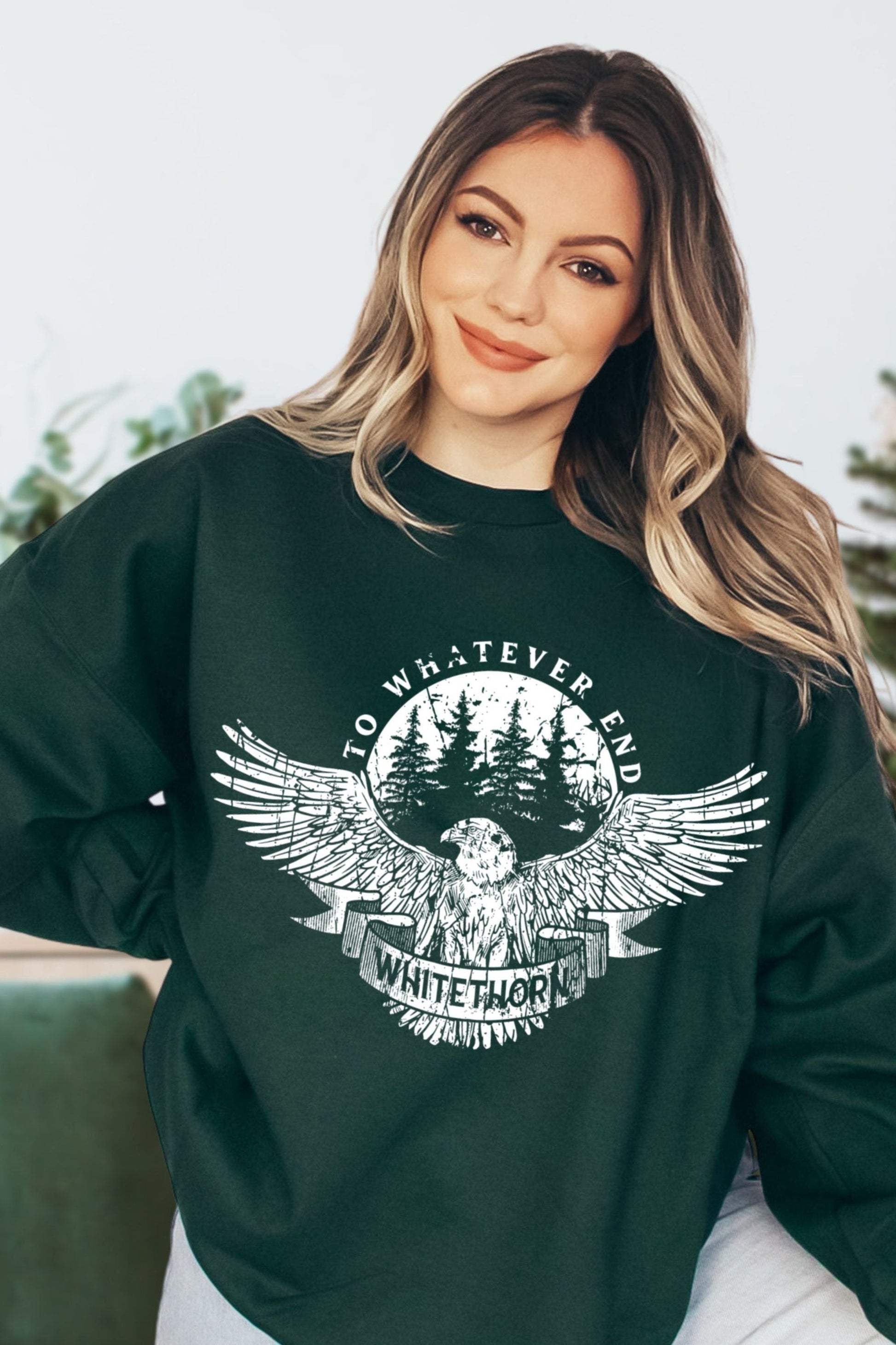 Rowan Whitethorn Sweatshirt — Throne of Glass merch by Sarah J. Maas. To whatever end — Aelin's mate, the hawk. Hand-designed in Australia, officially licensed.