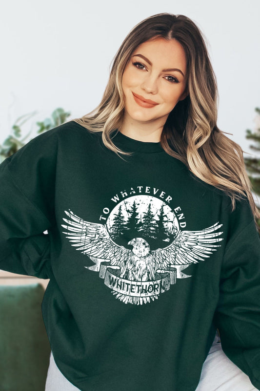 Rowan Whitethorn Sweatshirt — Throne of Glass merch by Sarah J. Maas. To whatever end — Aelin's mate, the hawk. Hand-designed in Australia, officially licensed.