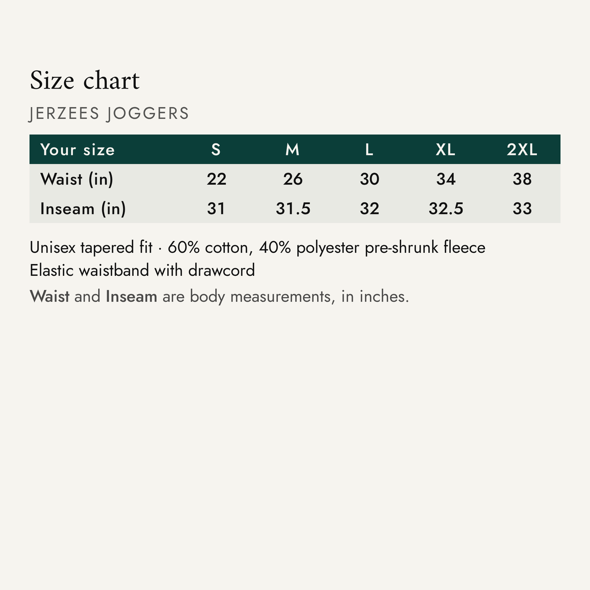 Size chart — Jerzees joggers. S to 2XL, with waist and inseam in inches.