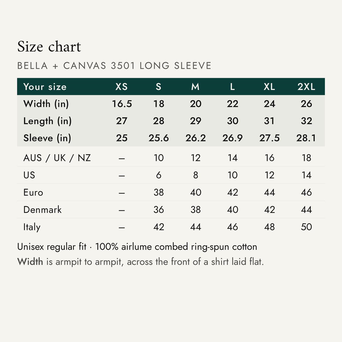 Size chart — Bella + Canvas 3501 long sleeve. XS to 2XL, with width, length and sleeve in inches and AUS, UK, NZ, US, Euro, Denmark and Italy sizes.