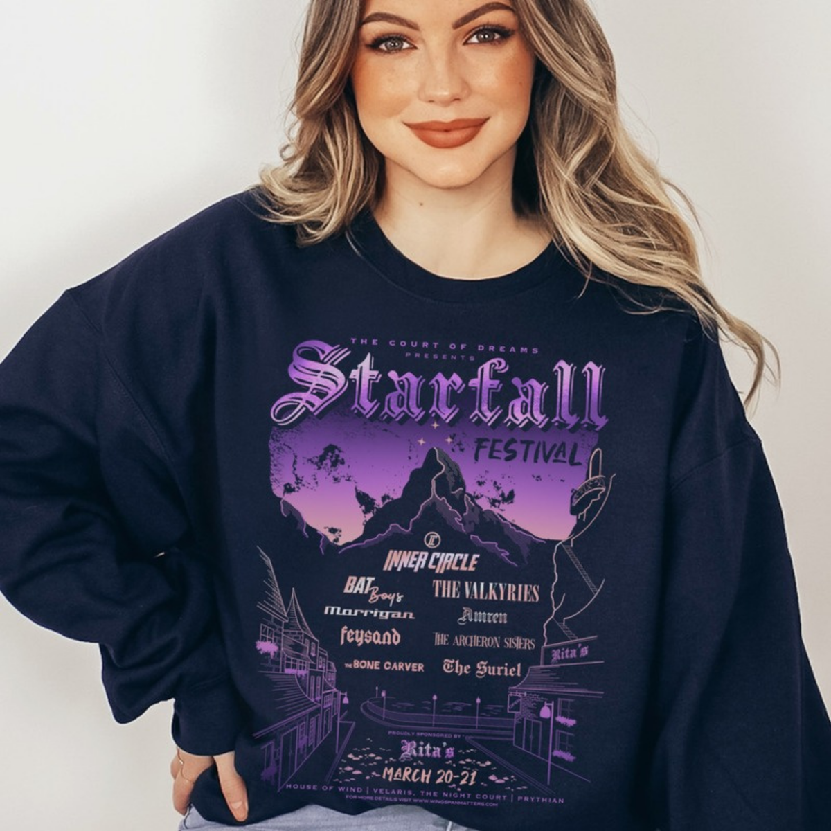 Starfall Festival Sweatshirt in navy — Court of Dreams line-up print with Velaris skyline. ACOTAR merch.
